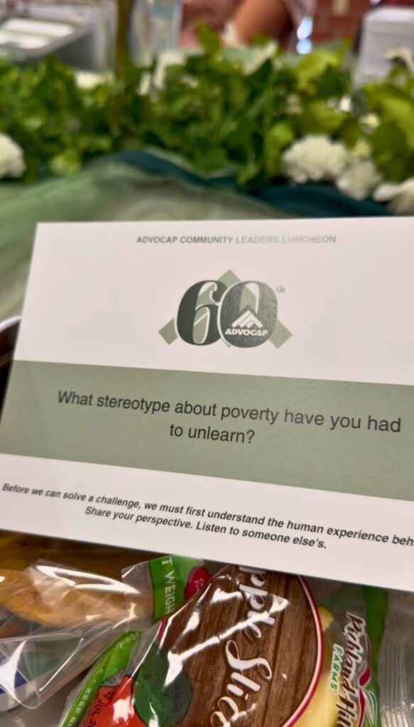 Conversation card included in lunchbox which reads, "What stereotype about poverty have you had to unlearn?"