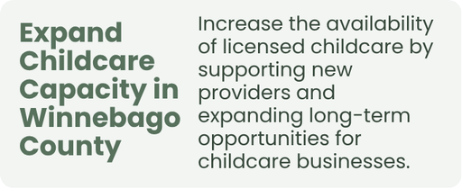 Expand Childcare Capacity in Winnebago County. Increase the availability of licensed childcare by supporting new providers and expanding long-term opportunities for childcare businesses.