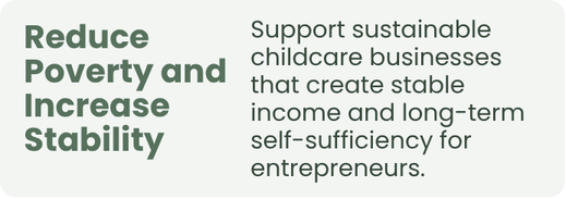 Reduce poverty and increase stability: Support sustainable childcare businesses that create stable income and long-term self-sufficiency for entrepreneurs.