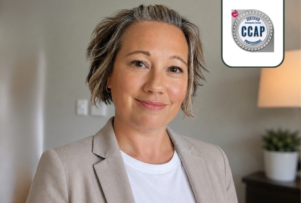 head shot of Deb Shepro, with CCAP credential digital badge in the corner.